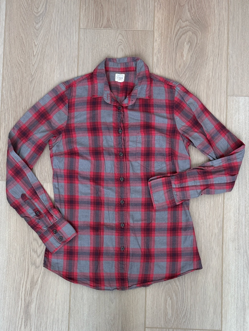 J.Crew Plaid Button Down Shirt Red Gray Classic Flannel Style Cabincore XS